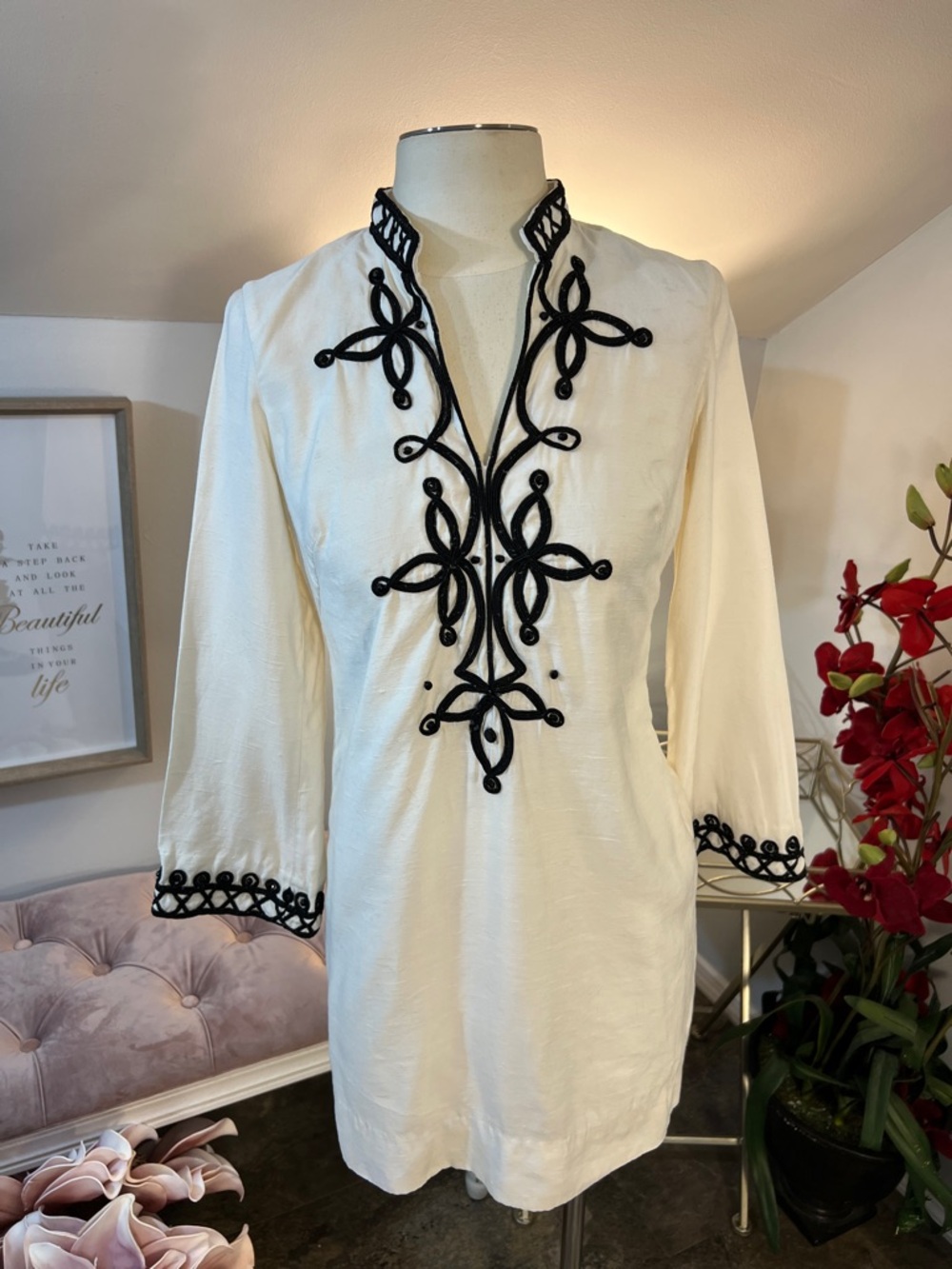 Lilly Pulitzer Warner Tunic Dress Dupion Beaded Vanilla Cream & Black Size 4